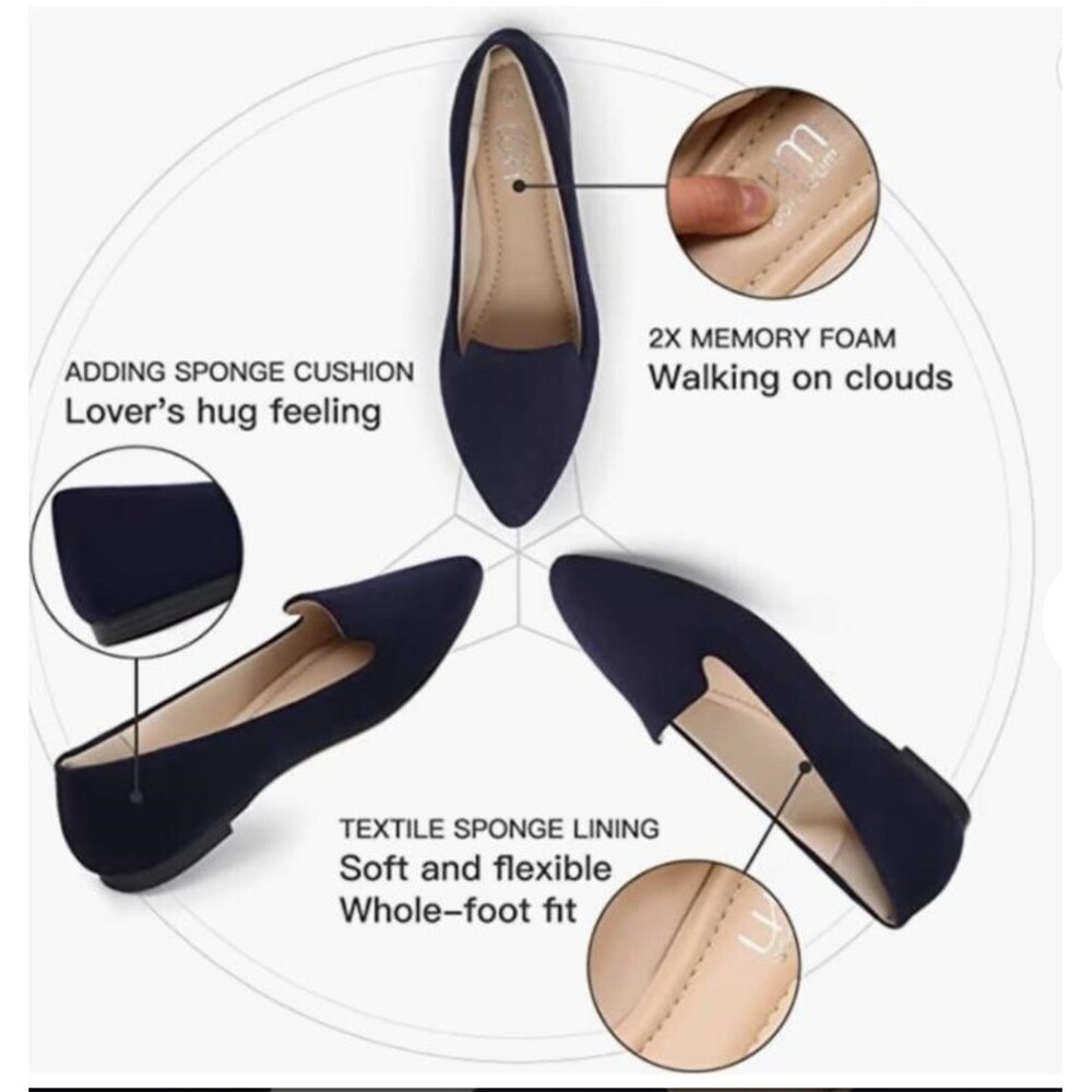 MUSSHOE Navy Blue Pointed Toe Womens Slip- On- Memory Foam Insoles Comfort Flats - Picture 2 of 11